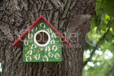 Home-made bright colored bird house.