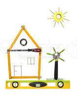House with tree and sun made of tools for building.
