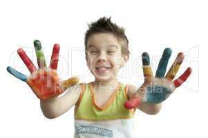 Children colored hands.Arms stretched forward.