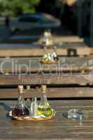 Wooden table in the restaurant and utensils