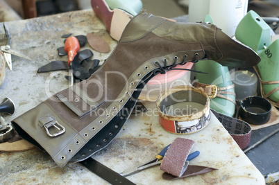 Handmade manufacture of footwear.Unfinished boot