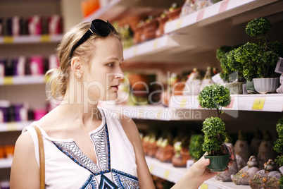 attractive woman choosing potted plants