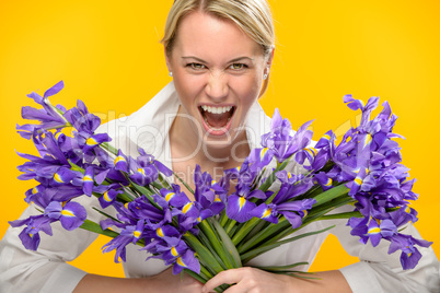 woman with spring iris flower roar