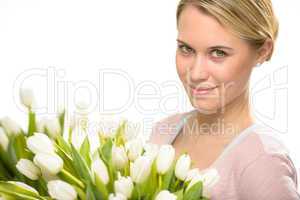 romantic woman with white tulip bouquet