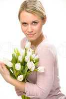 romantic woman hold bouquet white tulip flowers