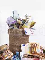 money bag with euro notes and coins