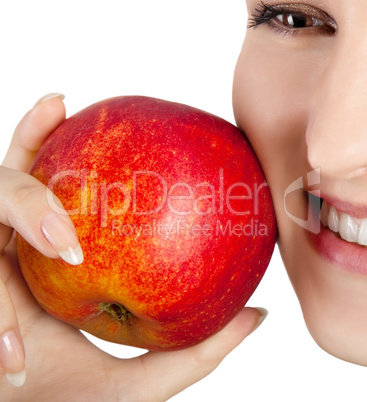 smiling woman with apple