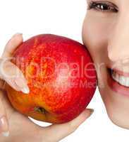 smiling woman with apple