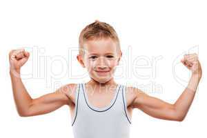 Smiling sport child boy showing hand biceps muscles strength