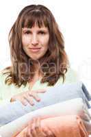 Woman hand holding spa towels stack white isolated