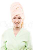 Beauty young smiling woman in bathrobe and curled spa towel on h