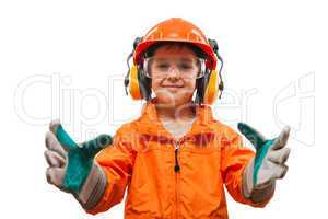 Little smiling child boy engineer or manual worker