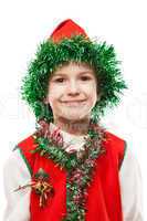 Little smiling child boy in gnome or elf costume