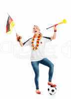 fußballfrau mit vuvuzela und flagge