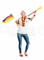 Fußballfrau mit Vuvuzela und Flagge