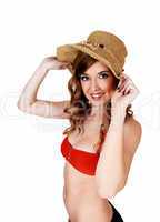 bikini girl with straw hat.