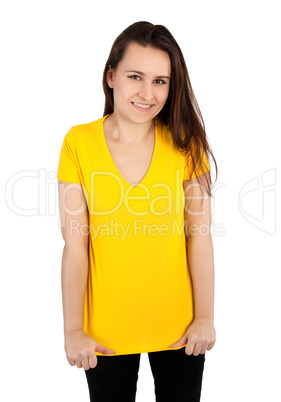 woman with blank yellow t-shirt