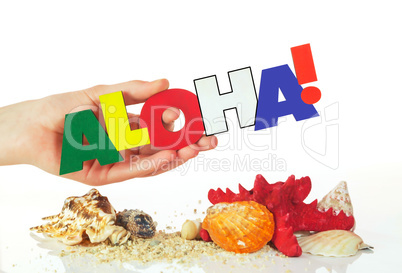 Female hand holding colorful word Aloha