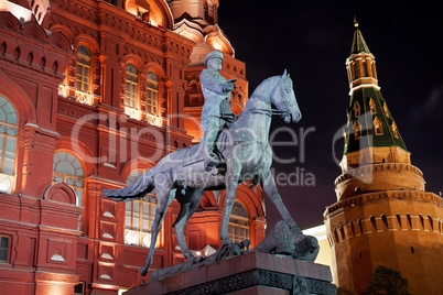 Night view of Marshal Zhukov monument