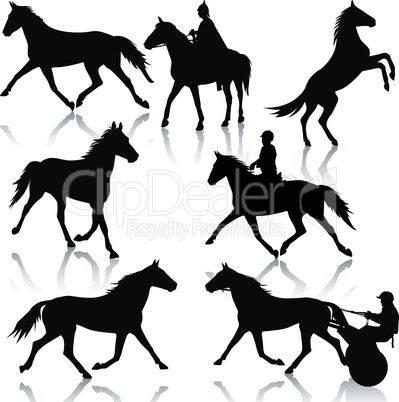 Set vector silhouette of horse and jockey