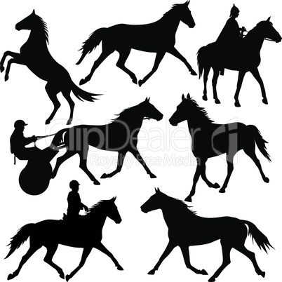 Set vector silhouette of horse and jockey