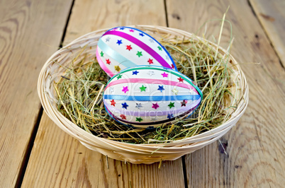 Easter eggs with ribbons and sequins in a basket