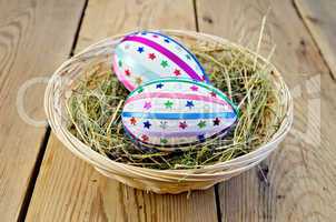 Easter eggs with ribbons and sequins in a basket