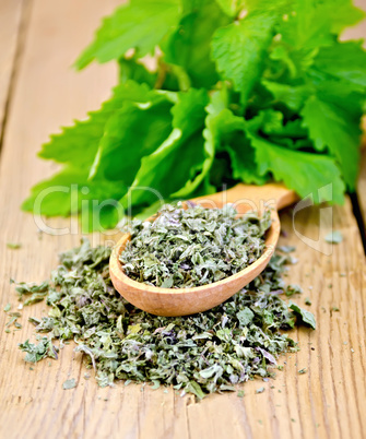 Herbal tea of mint leaves dry on a spoon