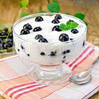 Yogurt thick with black currant and mint on the board