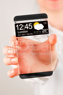 smartphone with transparent screen in human hands.