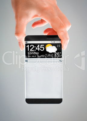 smartphone with transparent screen in human hands.