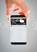 smartphone with transparent screen in human hands.