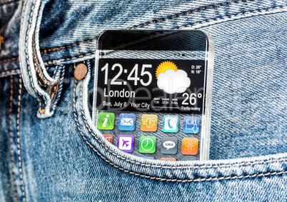 smartphone with a transparent screen in a pocket of jeans.