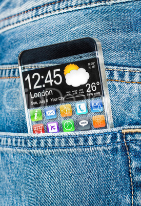 smartphone with a transparent screen in a pocket of jeans.