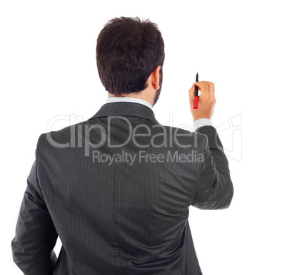 Young businessman turning his back to camera with pen