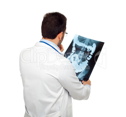 Doctor consulting a bowel radiography