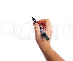 Hand holding a black marker with copy space.