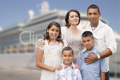 Young Happy Hispanic Family In Front of Cruise Ship