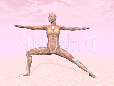 warrior yoga pose for woman with muscle visible