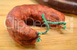 Spanish chorizo on wooden board