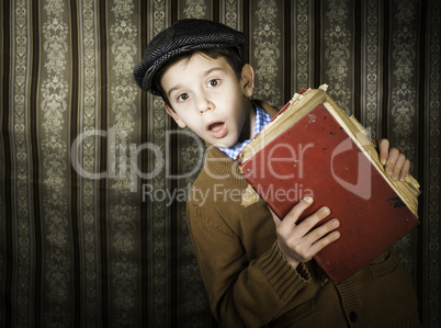 Child with red vintage book