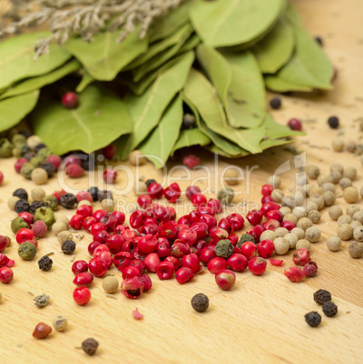 dry bay laurel leaf with multicolored peppercorn