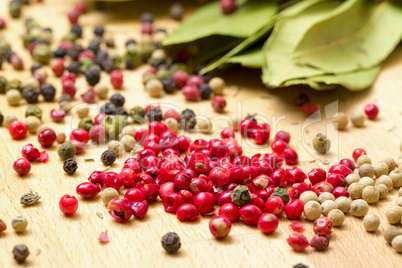 dry bay laurel leaf with multicolored peppercorn