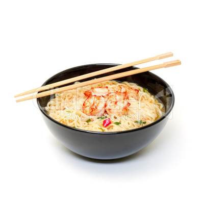 shrimp and noodle soup bowl with chopsticks