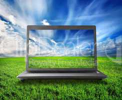 Green field and laptop