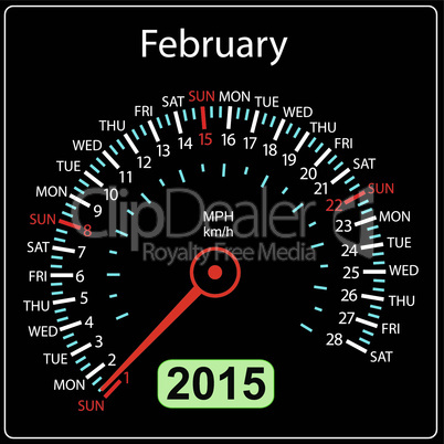 2015 year calendar speedometer car in vector. February.