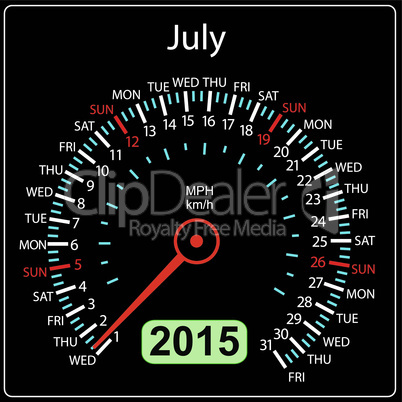 2015 year calendar speedometer car in vector. July.