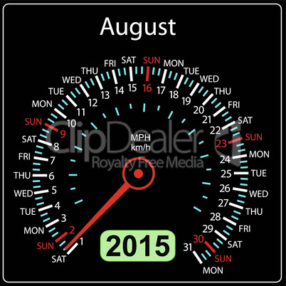 2015 year calendar speedometer car in vector. August.