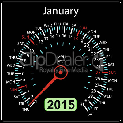 2015 year calendar speedometer car in vector. January.