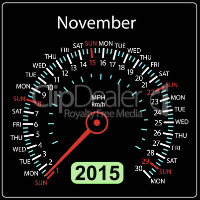 2015 year calendar speedometer car in vector. November.